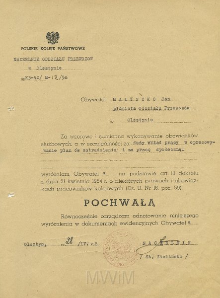 KKE 5636.jpg - Dok. Pochwała zawodowa wystawiona przez Polskie Koleje Państwowe w Olsztynie dla Jana Małyszko, Olsztyn, 28 IV 1956 r